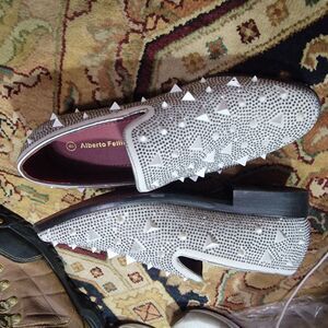 Alberto Fellini Men's White Rhinestone Spike Loafers Dress Shoes Size 8